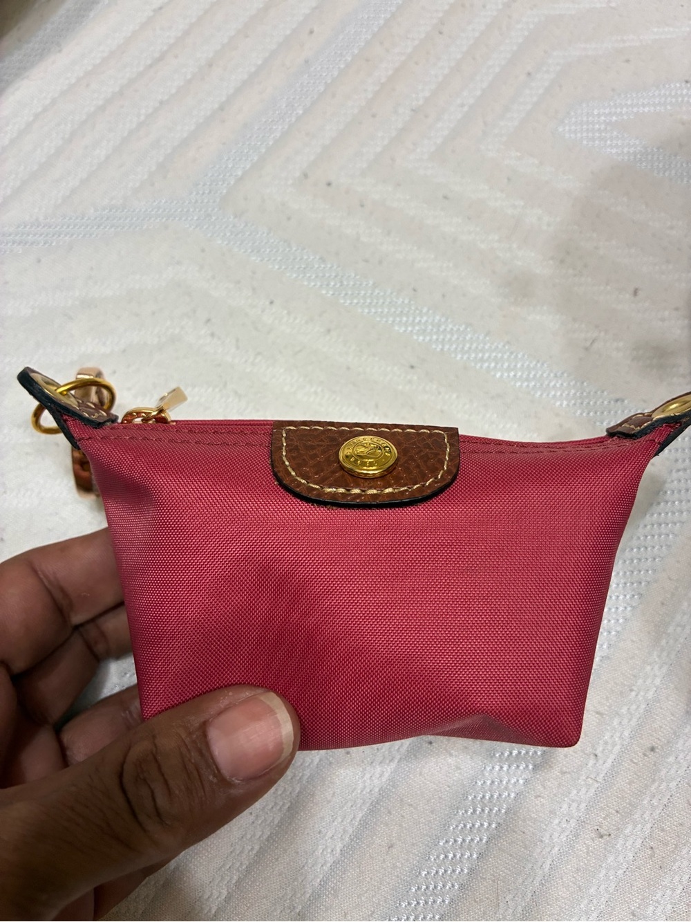 Longchamp Pink Nylon Key & Card Holder with Brown Leather Trim